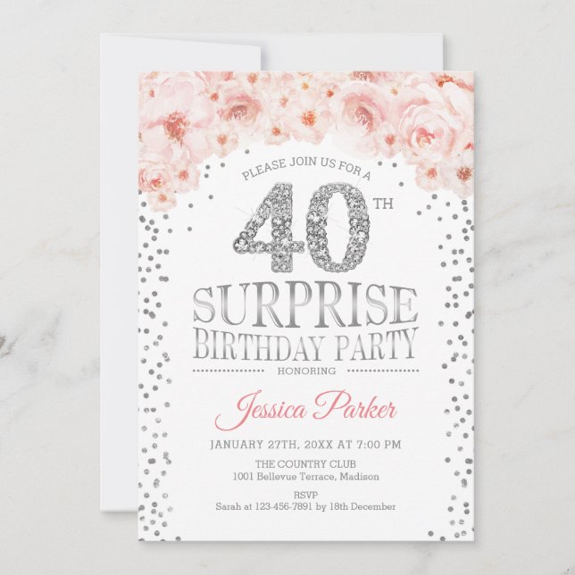 Surprise 40th Birthday Party - White Silver Pink Invitation (Front)