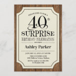 Surprise 40th Birthday Party - Wood Pattern Invitation<br><div class="desc">Rustic Surprise 40th Birthday Celebration Invitation.
Elegant rustic design with dark brown wood pattern. Features elegant black script font. Message me if you need further customization</div>