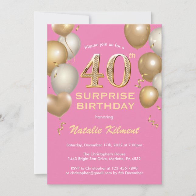 Surprise 40th Birthday Pink and Gold Balloons Invitation (Front)