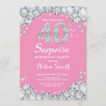 Surprise 40th Birthday Pink and Silver Diamond Invitation<br><div class="desc">Surprise 40th Birthday Invitation. Pink and Silver Rhinestone Diamond Red Background. Elegant Birthday Bash invite. Adult Birthday. Women Birthday. Men Birthday. For further customization,  please click the "Customize it" button and use our design tool to modify this template.</div>