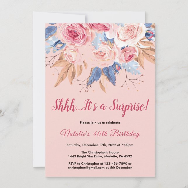 Surprise 40th Birthday Pink Botanical Floral Invitation (Front)