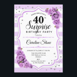 Surprise 40th Birthday -Purple White Invitation<br><div class="desc">Surprise 40th Birthday Invitation.
Feminine white,  lavender lilac design. Features stripes,  pastel purple roses,  script font and confetti. Perfect for an elegant birthday party. Can be personalized to show any age. Message me if you need further customization.</div>