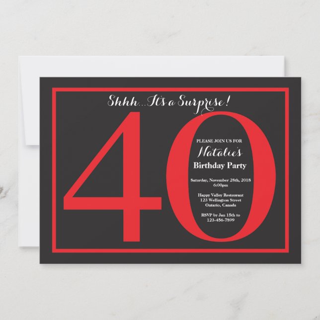 Surprise 40th Birthday Red and Black Chalkboard Invitation (Front)