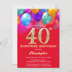Surprise 40th Birthday Red and Gold Balloons Invitation