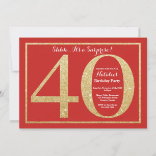 Surprise 40th Birthday Red and Gold Glitter Invitation