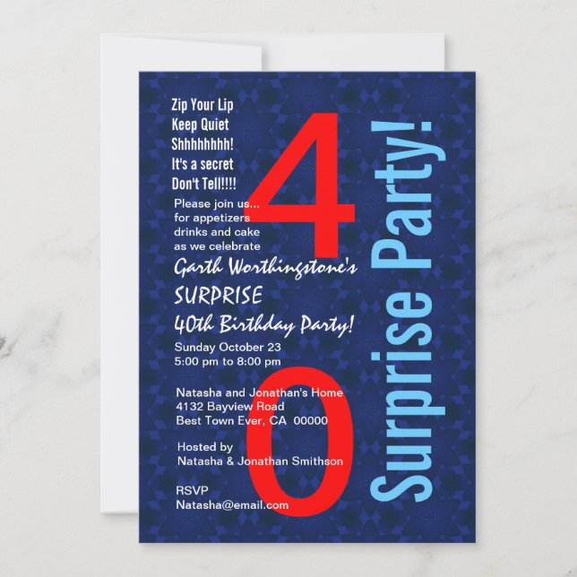 SURPRISE 40th Birthday Red White Blue D345 Invitation (Front)