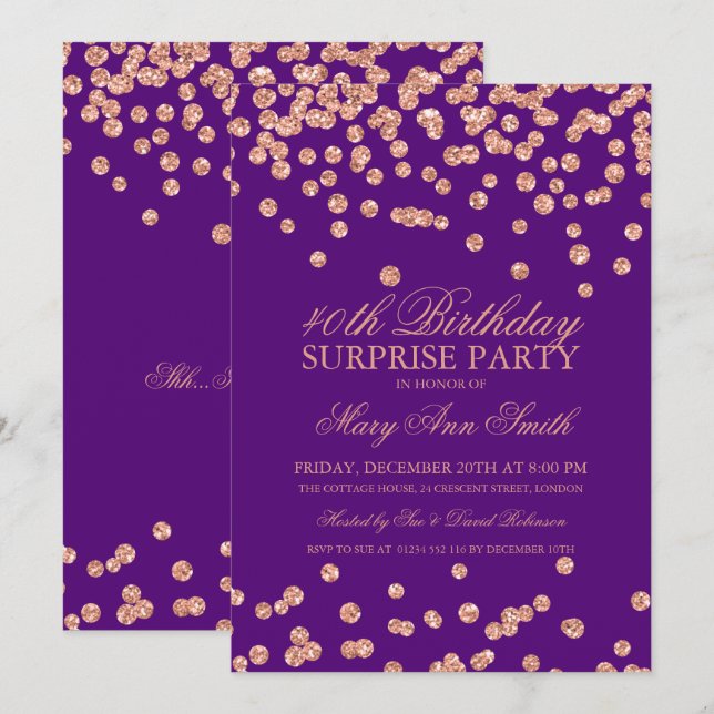 Surprise 40th Birthday Rose Gold Glitter Purple Invitation (Front/Back)