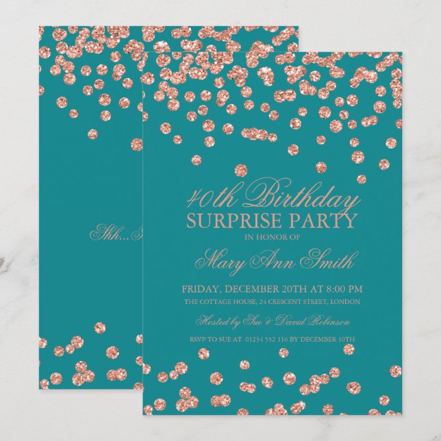 Surprise 40th Birthday Rose Gold Glitter Teal Invitation (Front/Back)