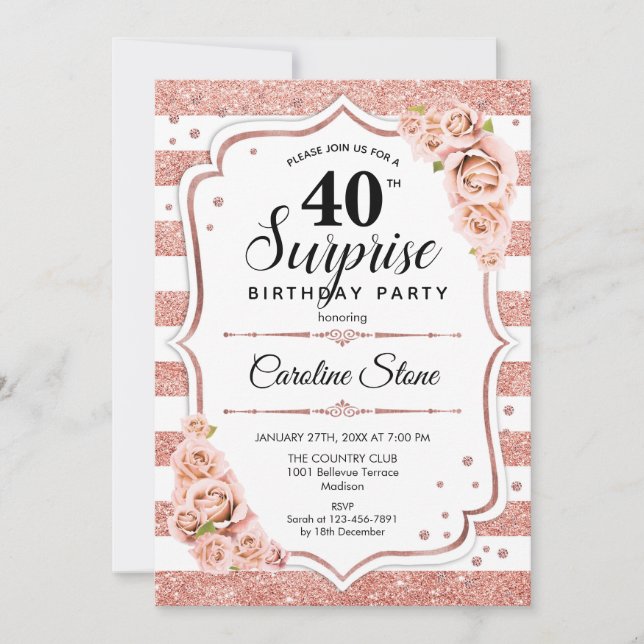 Surprise 40th Birthday - Rose Gold White Pink Invitation (Front)