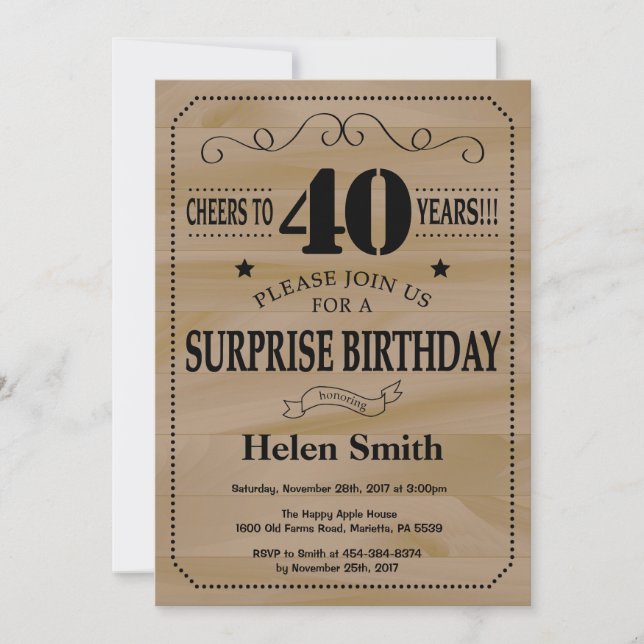 Surprise 40th Birthday Rustic Wood Invitation (Front)