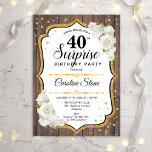 Surprise 40th Birthday - Rustic Wood White Roses Invitation<br><div class="desc">Surprise 40th Birthday Invitation. Feminine rustic design with faux glitter gold. Features wood pattern,  white roses,  script font and confetti. Perfect for an elegant birthday party. Can be personalized to show any age. Message me if you need further customization.</div>