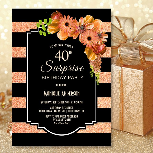 Surprise 40th Birthday Striped Orange Floral Invitation (Creator Uploaded)