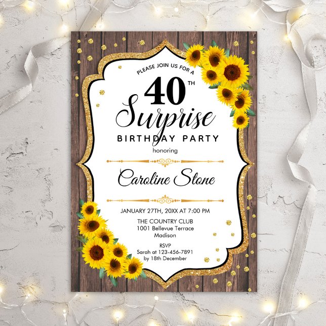 Surprise 40th Birthday - Sunflowers Rustic Wood Invitation (Creator Uploaded)