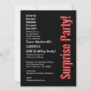 SURPRISE 40th Birthday Trendy Black White Red Invitation