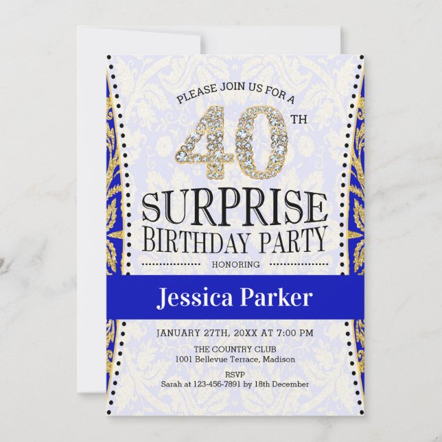 Surprise 40th Birthday - White Gold Royal Blue Invitation (Front)