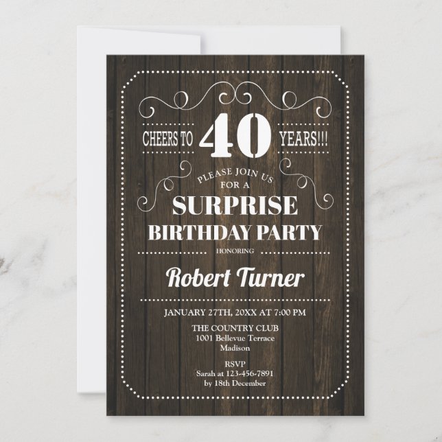 Surprise 40th Birthday - Wood Pattern Invitation (Front)