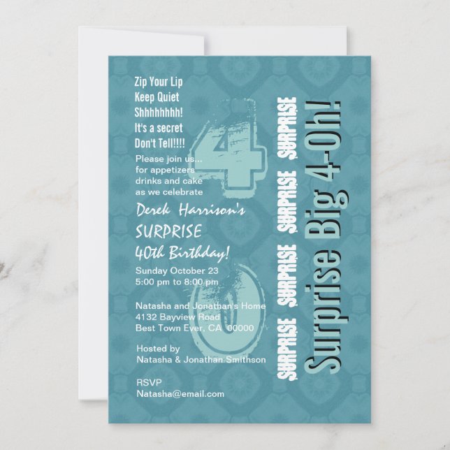 SURPRISE 40th Modern Birthday Blue and White V15 Invitation (Front)