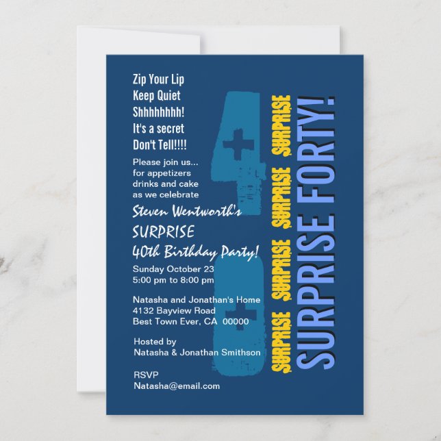 SURPRISE 40th Modern Birthday Blue Gold Template (Front)