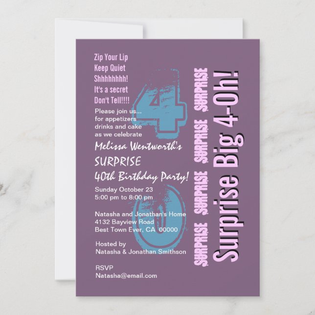SURPRISE 40th Modern Birthday Purple Invitation (Front)