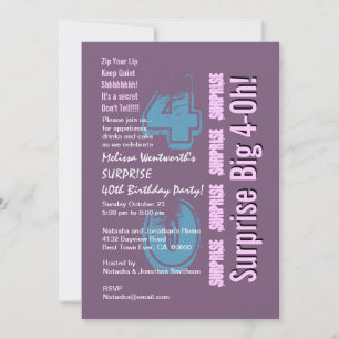 SURPRISE 40th Modern Birthday Purple Invitation