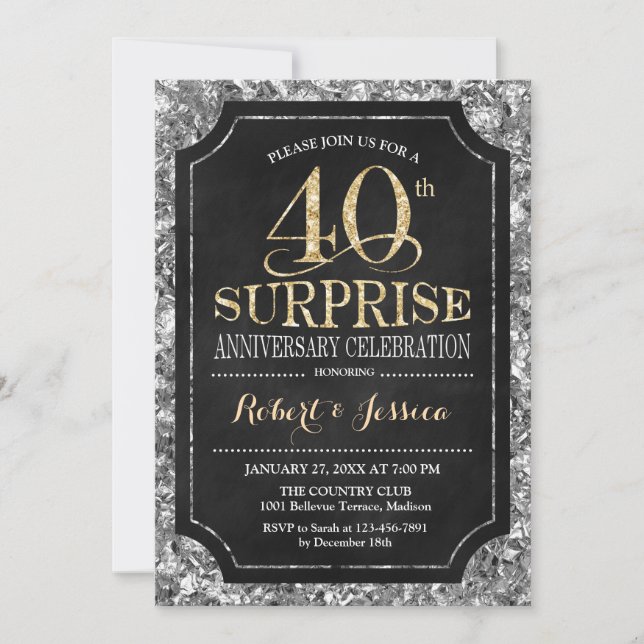Surprise 40th Wedding Anniversary - Silver Gold Invitation (Front)