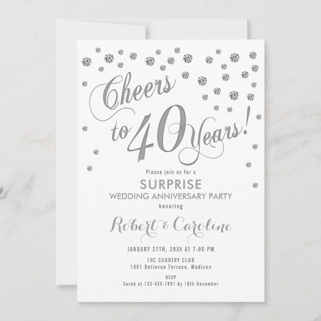 Surprise 40th Wedding Anniversary - White & Silver Invitation (Front)