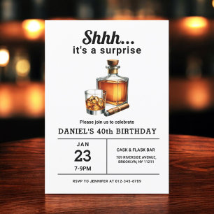 Surprise 40th Whiskey Cigar Bourbon Birthday Party Invitation