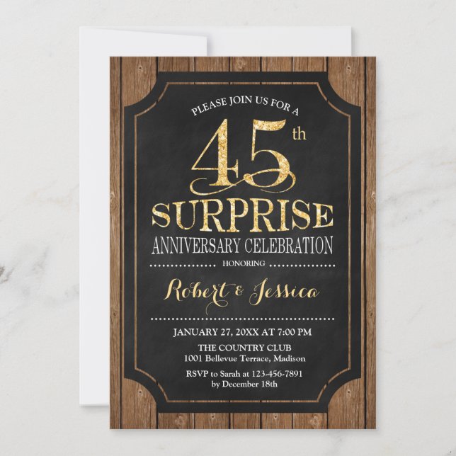 Surprise 45th Wedding Anniversary - Wood Gold Invitation (Front)