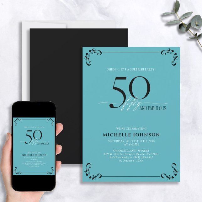 Surprise 50 & Fabulous Turquoise & Black Birthday Invitation (Creator Uploaded)
