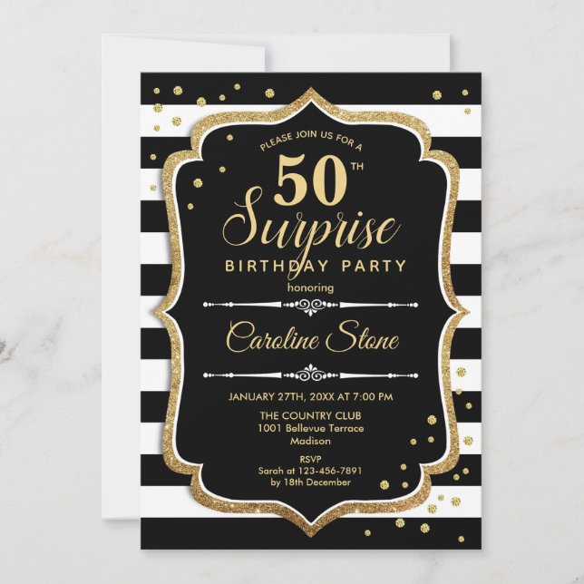 Surprise 50e anniversaire Invitation Black White G (Devant)