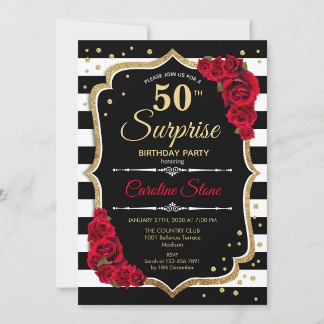 Surprise 50e anniversaire Invitation noir blanc ro (Devant)