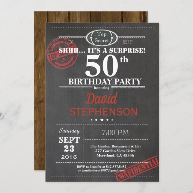 Surprise 50e anniversaire invitation pour les homm (Devant / Derrière)