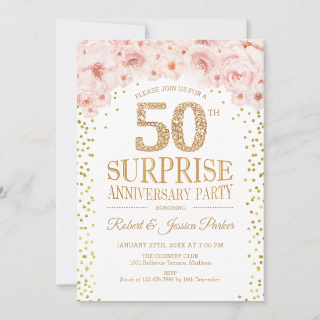 Surprise 50th Anniversary Party - White Gold Invitation (Front)