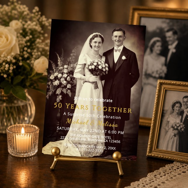 Surprise 50th Anniversary Photo Invite (Elegant 50 years together invitation with vintage photo and gold details)