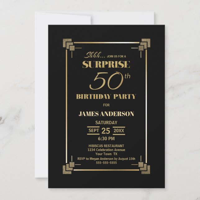 Surprise 50th Birthday Black and Gold Party Invitation (Front)