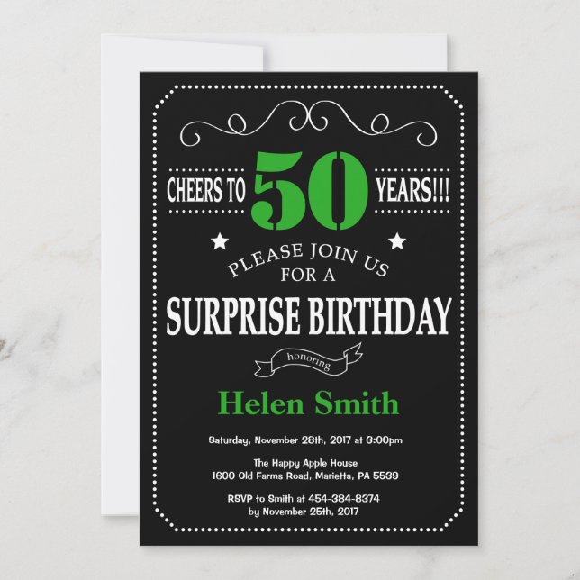 Surprise 50th Birthday Black and Green Chalkboard Invitation (Front)