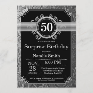 Surprise 50th Birthday Black and Silver Glitter Invitation