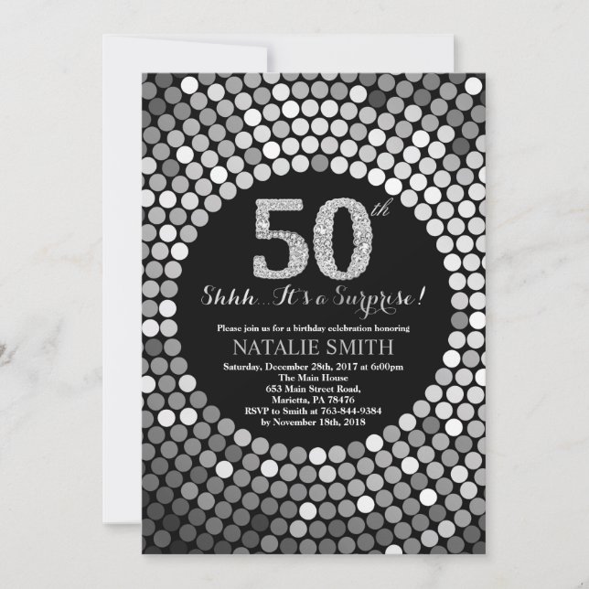 Surprise 50th Birthday Black and Silver Glitter Invitation (Front)