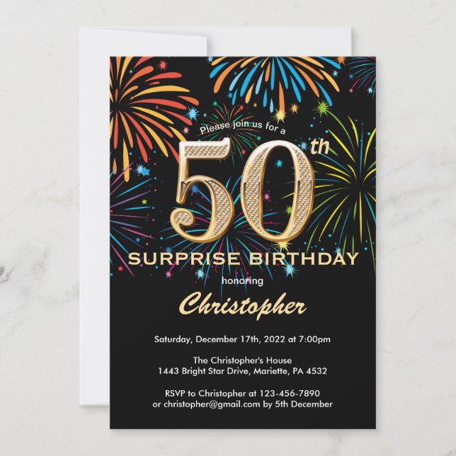Surprise 50th Birthday Black Gold Rainbow Firework Invitation (Front)