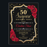 Surprise 50th Birthday - Black Gold Red Invitation<br><div class="desc">Surprise 50th Birthday Invitation.
Feminine black,  red design with faux glitter gold. Features red roses,  script font and confetti. Perfect for an elegant birthday party. Can be personalized to show any age. Message me if you need further customization.</div>