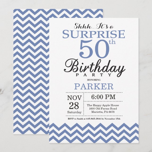 Surprise 50th Birthday Blue Chevron Invitation (Front/Back)