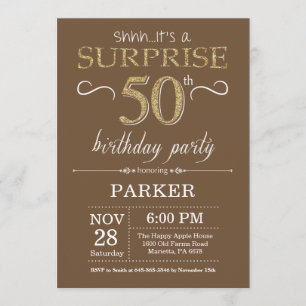 Surprise 50th Birthday Brown and Gold Glitter Invitation