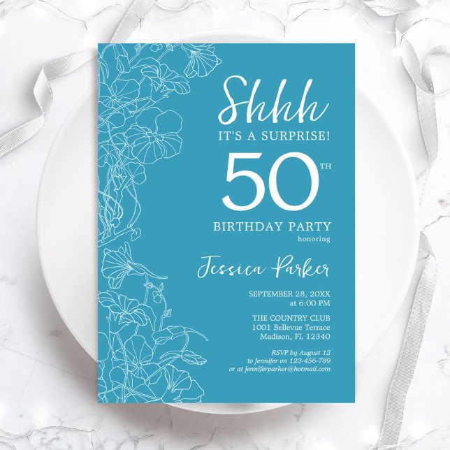 Surprise 50th Birthday - Floral Light Blue Invitation (Creator Uploaded)