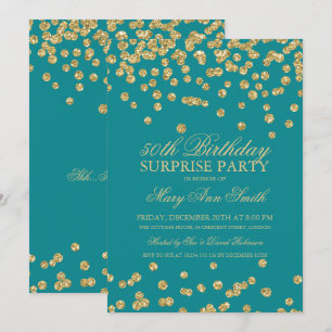 Surprise 50th Birthday Gold Glitter Confetti Teal Invitation