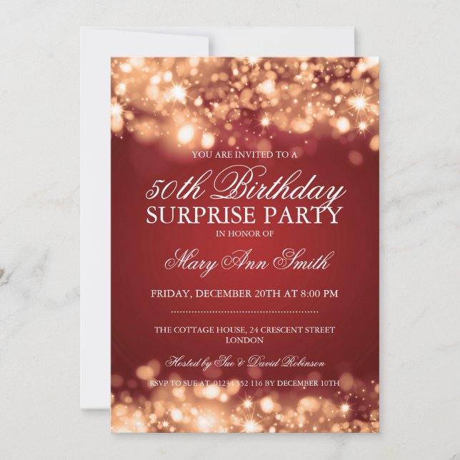 Surprise 50th Birthday Gold & Red Sparkling Lights Invitation (Front)