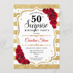 Surprise 50th Birthday - Gold White Red Invitation