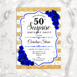 Surprise 50th Birthday - Gold White Royal Blue Invitation<br><div class="desc">Surprise 50th Birthday Invitation.
Feminine white,  royal blue design with faux glitter gold. Features stripes,  sapphire blue roses,  script font and confetti. Perfect for an elegant birthday party. Can be personalized to show any age. Message me if you need further customization.</div>