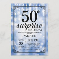 Surprise 50th Birthday Invitation Blue Glitter
