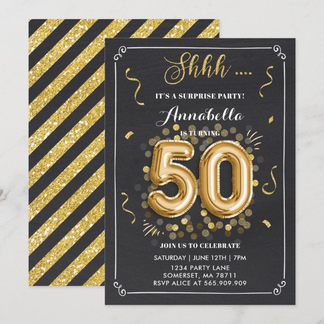 Surprise 50th Birthday Invitation Gold Chalkboard (Front/Back)