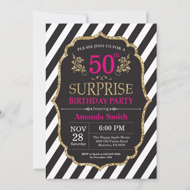 Surprise 50th Birthday Invitation Pink Black Gold (Front)